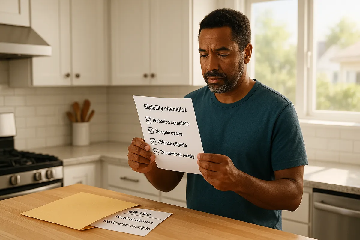 Californian in their kitchen checking a printed eligibility checklist with boxes labeled probation complete, no open cases, offense eligible, documents ready; envelope with CR-180, proof of classes, and restitution receipts on table; bright, hopeful morning light