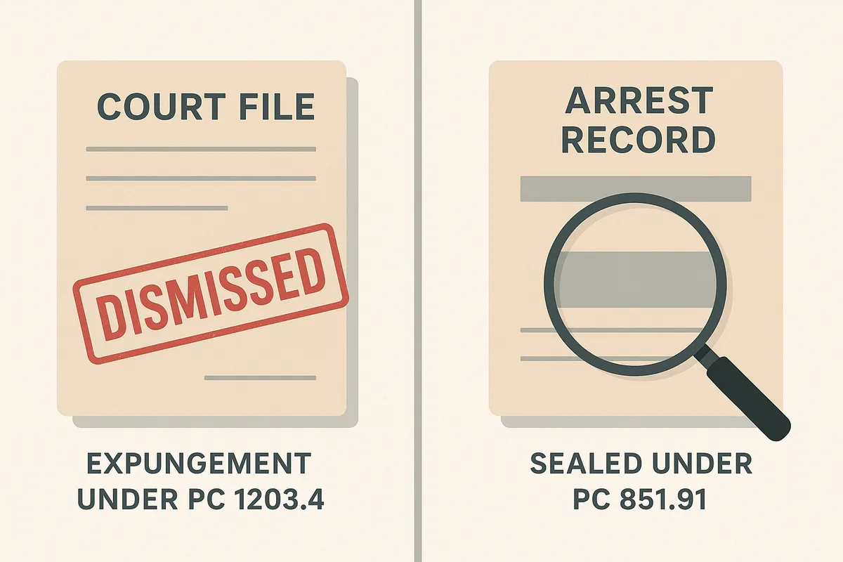 Split-screen visual: left panel shows court file stamped “dismissed” (expungement under PC 1203.4); right panel shows a magnifying glass with a blanked‑out arrest record (sealed under PC 851.91)