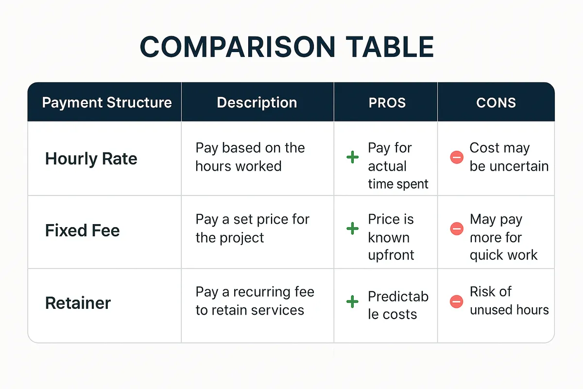 Comparison table visualization showing different payment structures and pros and cons for clients