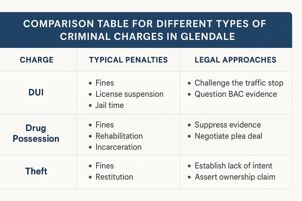 Comparison table visualization showing different types of criminal charges in Glendale with typical penalties and legal approaches