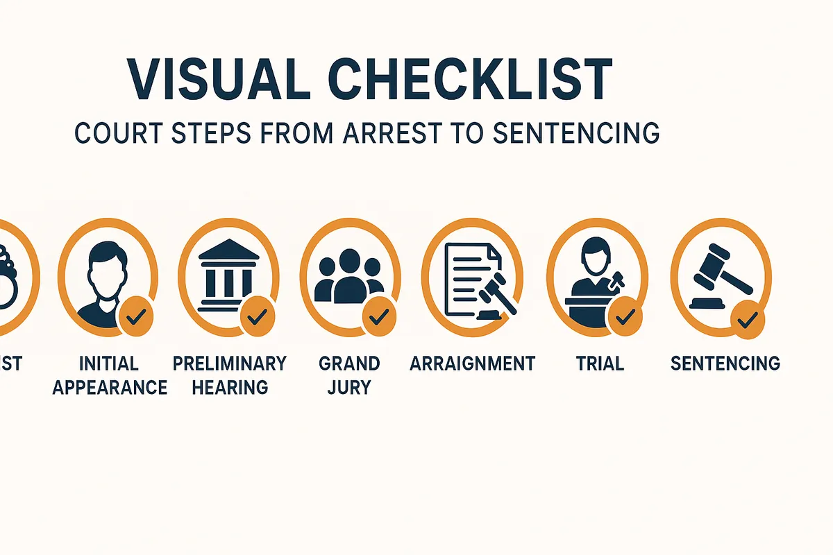 Visual checklist with court steps from arrest to sentencing in a clean, professional layout