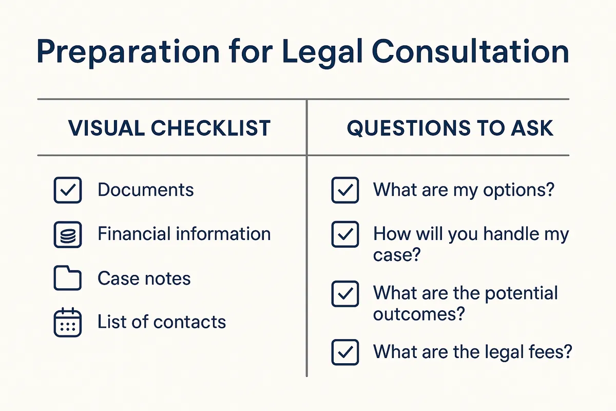 Visual checklist with preparation items for legal consultation and questions to ask